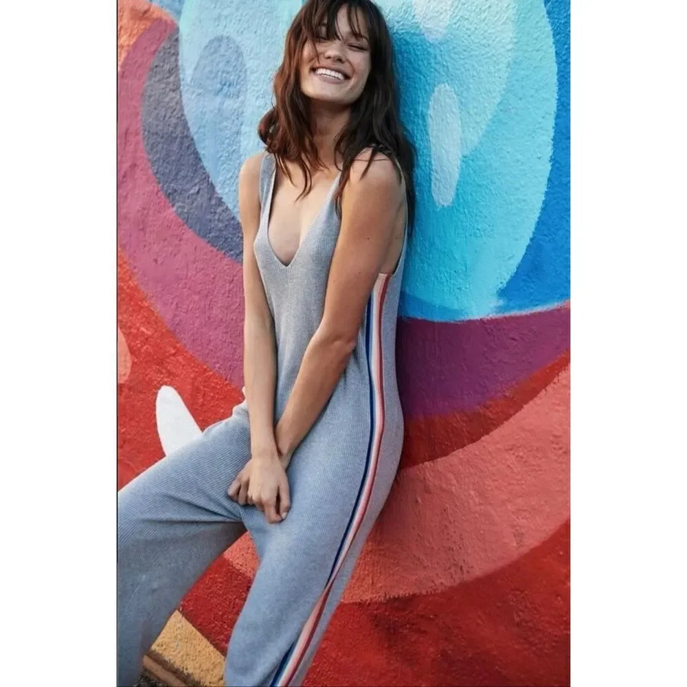Spiritual Gangster womans gray ribbed rainbow track jumpsuit sleeveless Medium
